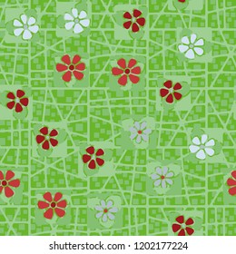 Seamless pattern consisting of flowers, squares and a grid.