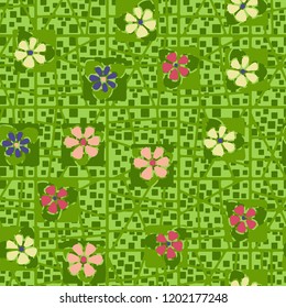 Seamless pattern consisting of flowers, squares and a grid.