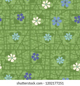 Seamless pattern consisting of flowers, squares and a grid.