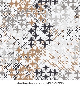 Seamless pattern consisting of four-ray stars. Camouflage style. Fashionable texture. Funny colors. Editable.