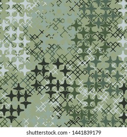 Seamless pattern consisting of four-ray stars. Camouflage style. Fashionable texture. Funny colors. Editable.