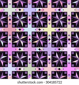 seamless pattern consisting of geometric shapes and stylized elements of plant forms, elegant pattern with glow effect