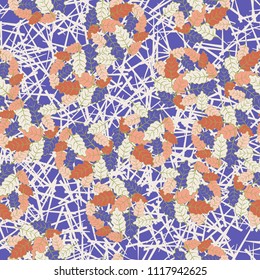 A seamless pattern consisting of groups of multicolored oak leaves. The background of the picture is a network consisting of randomly scattered straight lines.