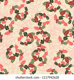 A seamless pattern consisting of groups of multicolored oak leaves. The background of the picture is a network consisting of randomly scattered straight lines.