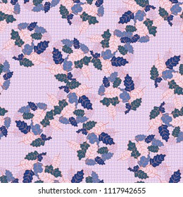 A seamless pattern consisting of groups of multicolored oak leaves. Against the background of the picture there is a network consisting of mutually perpendicular ovals.