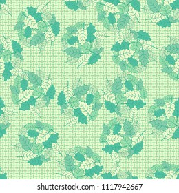 A seamless pattern consisting of groups of multicolored oak leaves. Against the background of the picture there is a network consisting of mutually perpendicular ovals.