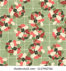 A seamless pattern consisting of groups of multicolored oak leaves. On the background of the picture there is a network consisting of diagonally striped rounded squares.