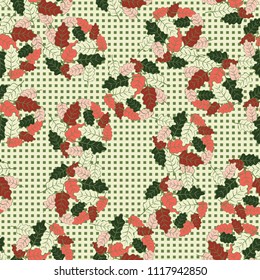 A seamless pattern consisting of groups of multicolored oak leaves. The background of the picture is a network consisting of small squares lined with the right rows.