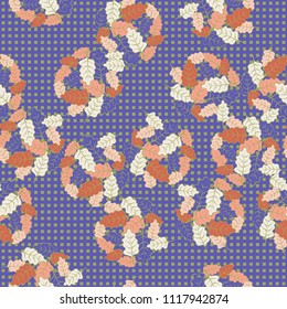 A seamless pattern consisting of groups of multicolored oak leaves. The background of the picture is a network consisting of small squares lined with the right rows.