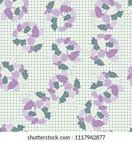 A seamless pattern consisting of groups of multicolored oak leaves. The background of the picture is a network consisting of small squares lined with the right rows.