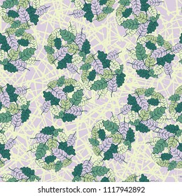 A seamless pattern consisting of groups of multicolored oak leaves. The background of the picture is a network consisting of randomly scattered straight lines.