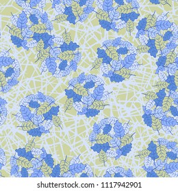 A seamless pattern consisting of groups of multicolored oak leaves. The background of the picture is a network consisting of randomly scattered straight lines.