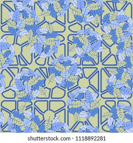 A seamless pattern consisting of groups of multicolored oak leaves. The background of the picture is a grid composed of rounded squares broken into fragments.