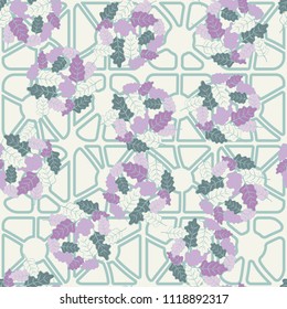 A seamless pattern consisting of groups of multicolored oak leaves. The background of the picture is a grid composed of rounded squares broken into fragments.