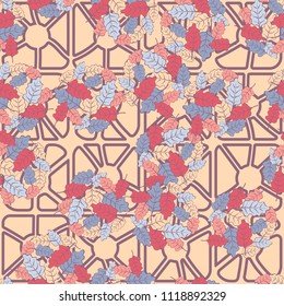 A seamless pattern consisting of groups of multicolored oak leaves. The background of the picture is a grid composed of rounded squares broken into fragments.