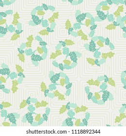 A seamless pattern consisting of groups of multicolored oak leaves. Against the backdrop of the picture there is a grating consisting of rounded concentric squares.