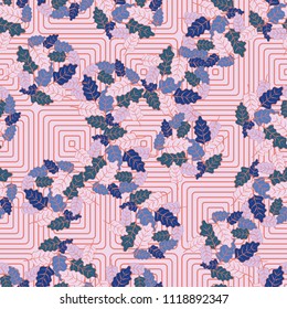 A seamless pattern consisting of groups of multicolored oak leaves. Against the backdrop of the picture there is a grating consisting of rounded concentric squares.