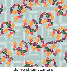 A seamless pattern consisting of groups of multicolored oak leaves. Against the backdrop of the picture there is a grating consisting of rounded concentric squares.