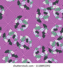 A seamless pattern consisting of groups of multicolored oak leaves. Against the backdrop of the picture there is a grating consisting of rounded concentric squares.