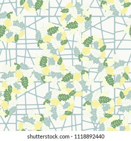 A seamless pattern consisting of groups of multicolored oak leaves. Against the backdrop of the picture is a grille consisting of squares divided into parts.