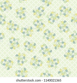 A seamless pattern consisting of heaps of fallen leaves located on a texture background consisting of fantastic eight-petalled flowers.