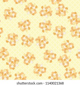 A seamless pattern consisting of heaps of fallen leaves located on a texture background consisting of fantastic eight-petalled flowers.