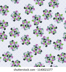 A seamless pattern consisting of heaps of fallen leaves located on a texture background consisting of fantastic eight-petalled flowers.