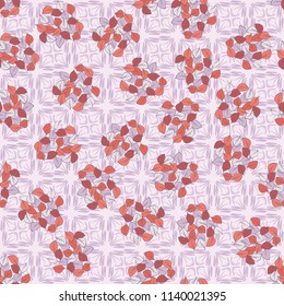A seamless pattern consisting of heaps of fallen leaves arranged on a texture background consisting of four-sided abstract elements executed carelessly.