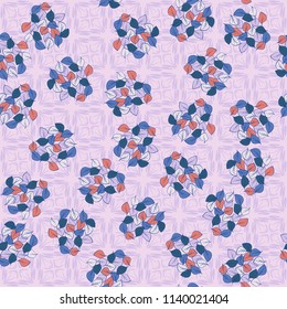 A seamless pattern consisting of heaps of fallen leaves arranged on a texture background consisting of four-sided abstract elements executed carelessly.