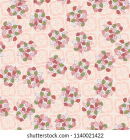 A seamless pattern consisting of heaps of fallen leaves arranged on a texture background consisting of four-sided abstract elements executed carelessly.