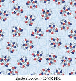 A seamless pattern consisting of heaps of fallen leaves arranged on a texture background consisting of four-sided abstract elements executed carelessly.