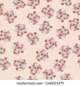 A seamless pattern consisting of heaps of fallen leaves arranged on a texture background consisting of four-sided abstract symbolic flowers.