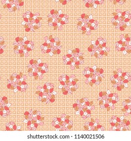 A seamless pattern consisting of heaps of fallen leaves arranged on a texture background consisting of four-sided abstract symbolic flowers.