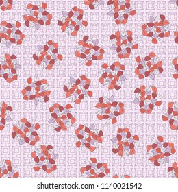 A seamless pattern consisting of heaps of fallen leaves arranged on a texture background consisting of crosses and squares.