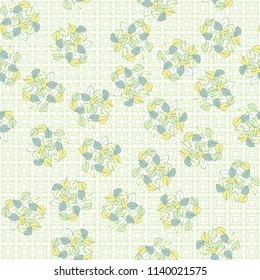 A seamless pattern consisting of heaps of fallen leaves arranged on a texture background consisting of crosses and squares.