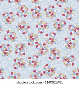 A seamless pattern consisting of heaps of fallen leaves arranged on a texture background consisting of four-sided abstract elements executed carelessly.