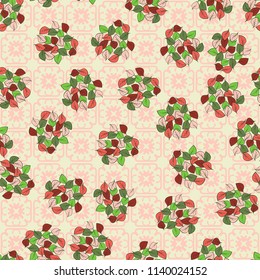 A seamless pattern consisting of heaps of fallen leaves located on a texture background consisting of four-sided, abstract shapes.