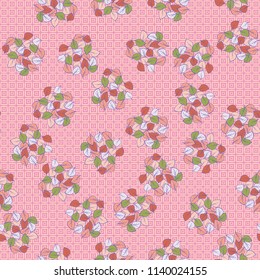 A seamless pattern consisting of heaps of fallen leaves located on a texture background consisting of distorted double squares.