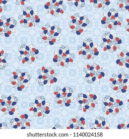 A seamless pattern consisting of heaps of fallen leaves located on a texture background consisting of four-sided, abstract shapes.