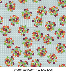 A seamless pattern consisting of heaps of fallen leaves located on a texture background consisting of distorted double squares.