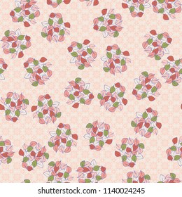A seamless pattern consisting of heaps of fallen leaves arranged on a texture background consisting of elegant four-sided elements.