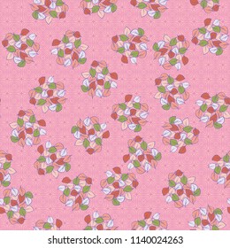 A seamless pattern consisting of heaps of fallen leaves located on a texture background consisting of deformed, smoothed, concentric squares.