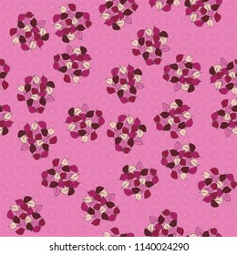 A seamless pattern consisting of heaps of fallen leaves located on a texture background consisting of deformed, smoothed, concentric squares.