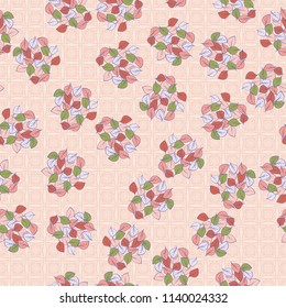 A seamless pattern consisting of heaps of fallen leaves arranged against a texture background consisting of square symbolic flowers.