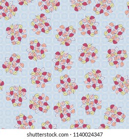 A seamless pattern consisting of heaps of fallen leaves arranged against a texture background consisting of square symbolic flowers.