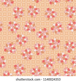 A seamless pattern consisting of heaps of fallen leaves arranged against a texture background consisting of square symbolic flowers.