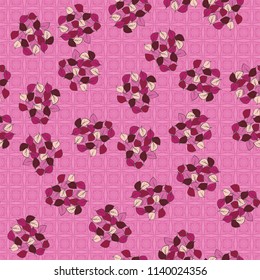 A seamless pattern consisting of heaps of fallen leaves arranged against a texture background consisting of square symbolic flowers.