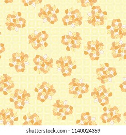 A seamless pattern consisting of heaps of fallen leaves arranged against a texture background consisting of square symbolic flowers.
