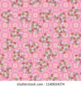A seamless pattern consisting of heaps of fallen leaves located on a texture background consisting of four-sided, abstract shapes.