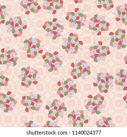 A seamless pattern consisting of heaps of fallen leaves located on a texture background consisting of four-sided, abstract shapes.